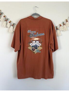 Tommy Bahama Fish & Chips 100% Silk Orange Poker Camp Shirt Casino Resort XL